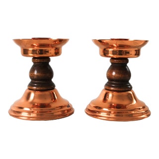 Vintage Copper & Wood Taper Candle Holders - A Pair For Sale