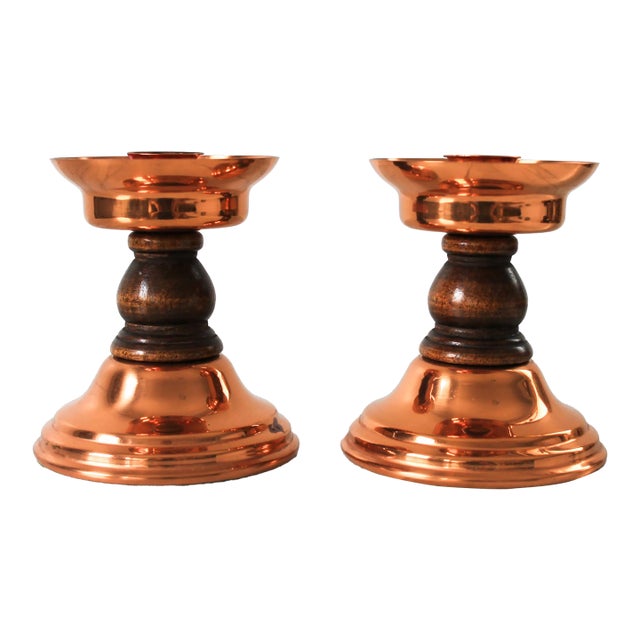 Vintage Copper & Wood Taper Candle Holders - A Pair For Sale