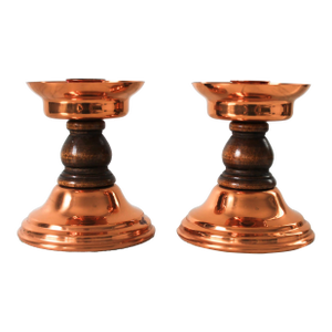 Vintage Copper & Wood Taper Candle Holders - A Pair