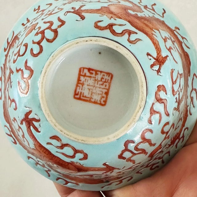 Antique Ching Dynasty Porcelain Bowl With Dragons in Red Orange on Blue For Sale In Los Angeles - Image 6 of 7