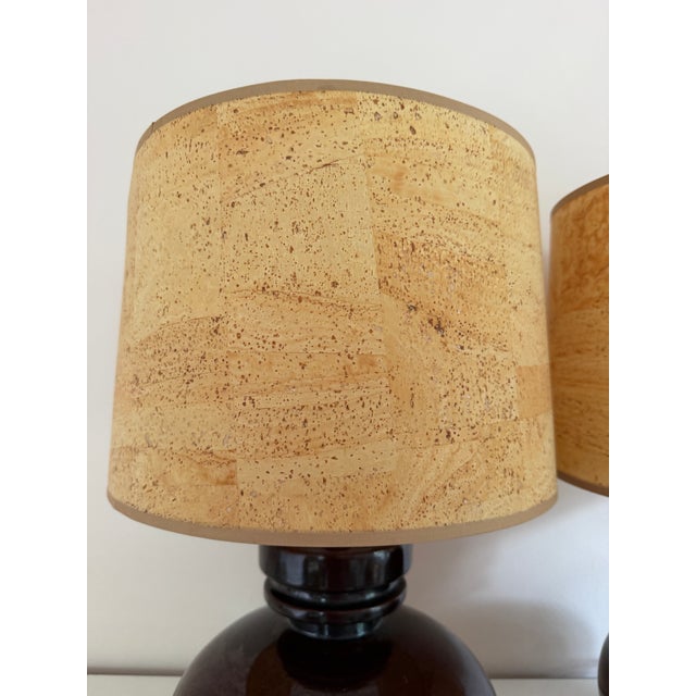 Mid 20th Century Mid 20th Century Brown Ceramic Table Lamps With Vintage Cork Shades, a Pair For Sale - Image 5 of 8