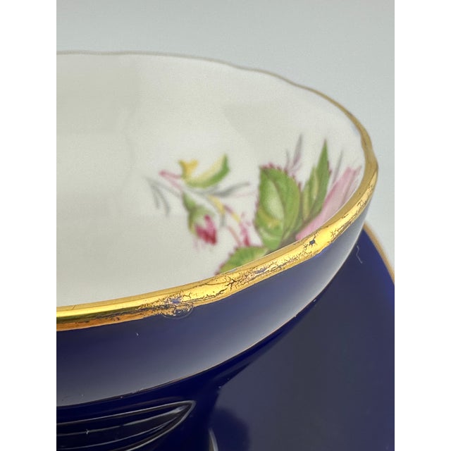 Ceramic Aynsley Cobalt Blue Teacup and Saucer, Corset Shape W/ Cabbage Rose - 1930s For Sale - Image 7 of 10