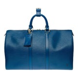 Image of Louis Vuitton Keepall 45 Travel Bag In Blue Epi Leather, Ghw For Sale