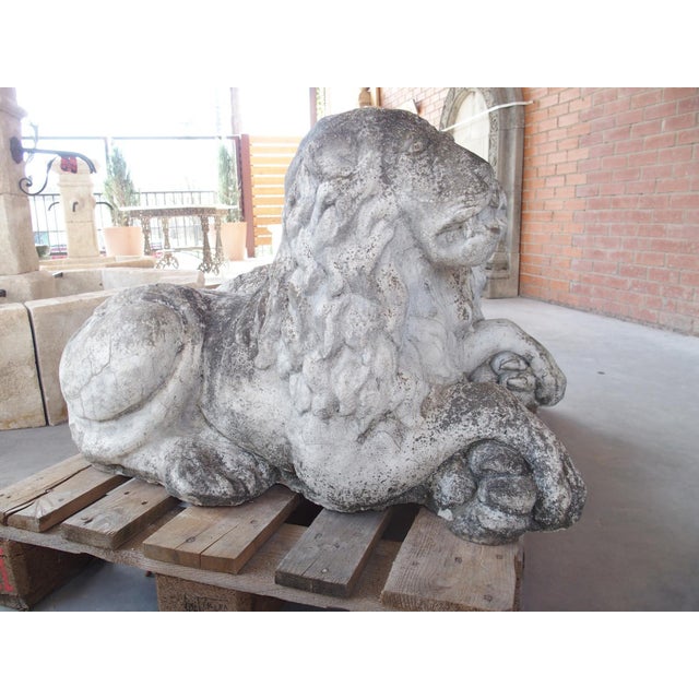 Pair of Recumbent Reconstituted Stone Garden Lions From Belgium, Circa 1960 For Sale - Image 4 of 12
