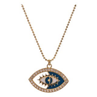 Celestial Evil Eye Blue Enamel Gold Necklace For Sale