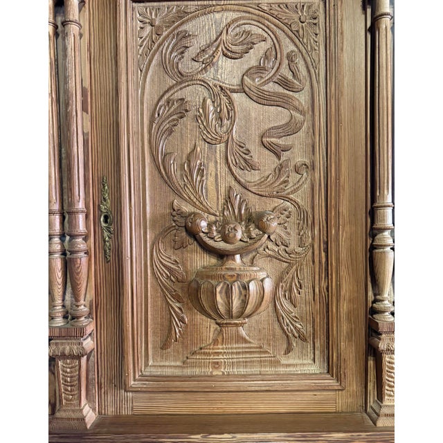 Late 19th Century Beautiful 19th Century Pitch Pine Double Buffet With Hand Carved Motifs and Brass Hardware For Sale - Image 5 of 12