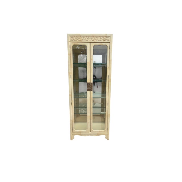 1980s Vintage Henredon Faux Goatskin Pan Asian Campaign Curio Cabinet Hutch Display For Sale - Image 5 of 17