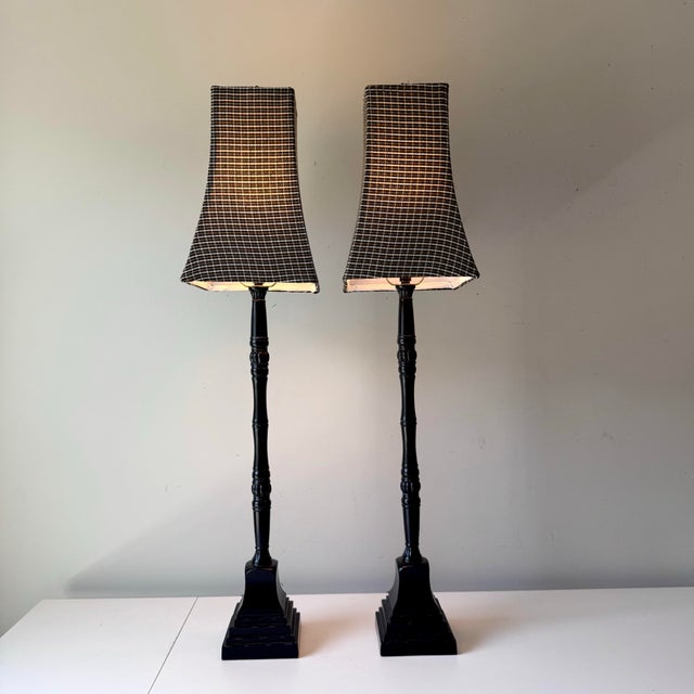 Pair of vintage skinny black wood finished buffet lamps with black, gold-tan, and white-ish plaid square bell flare lamp...