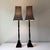 Pair of vintage skinny black wood finished buffet lamps with black, gold-tan, and white-ish plaid square bell flare lamp...