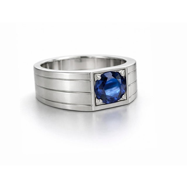 Modern Sapphire Solitaire Ring for Men Silver, Gold, Size 10 For Sale - Image 3 of 4