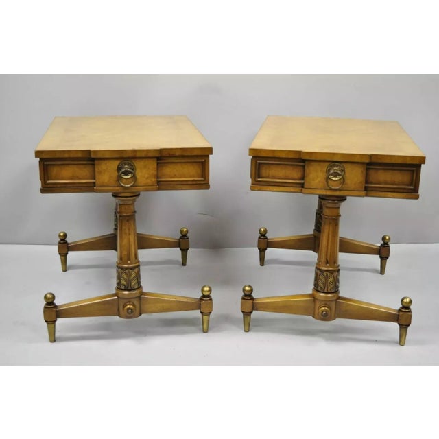 Pair of Vintage Weiman Kameo French Regency Style Banded Walnut End Tables. Item features custom glass tops, beautiful...