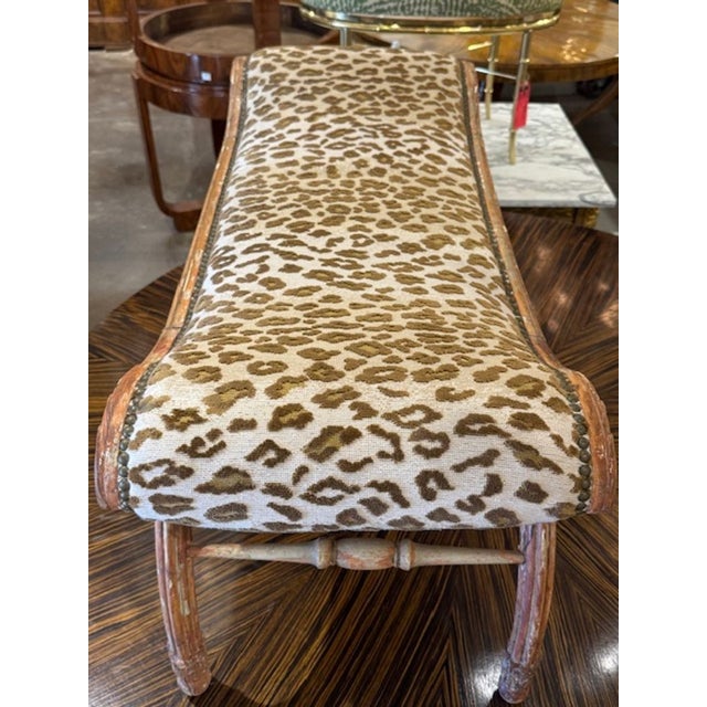 Traditional 19th Century Carved Polychrome Bench With Scalamandre Fabric For Sale - Image 3 of 6