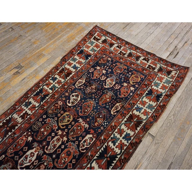 Navy Blue Antique Caucasian Blue Tribal Paisley Wool Hallway Runner Kazak Rug For Sale - Image 8 of 9