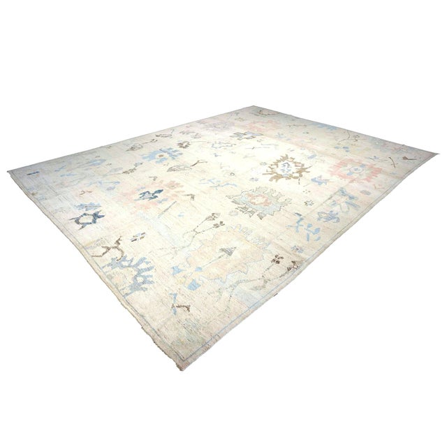 Traditional 21st Century Turkish Oushak Wool 11x15 Ivory, Brown & Slate Blue Handmade Area Rug #1144196 For Sale - Image 3 of 11