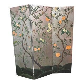 1980s Handpainted 3-Panel Screen of a Botanical Landscape With Birds, Dragonflies, and a Chameleon For Sale