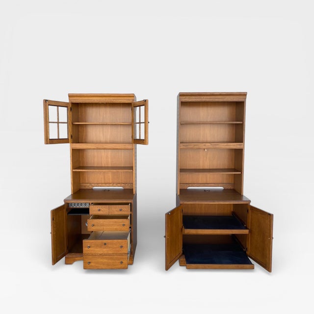 1990s Pair of Cottage Style Oak Hutch Cabinets With Glass Doors For Sale - Image 16 of 18