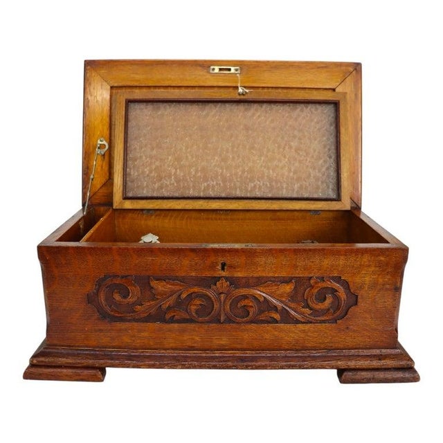 Wood Jackpot Carved Oak & Glass Cylinder Music Box Signed 19thC For Sale - Image 7 of 9