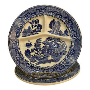 Vintage Blue Willow Transferware Divided Dish Restaurant Plates - A Pair