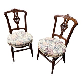 Antique Pair of Wooden Carved Accent Chairs With Central Medallion Detail For Sale