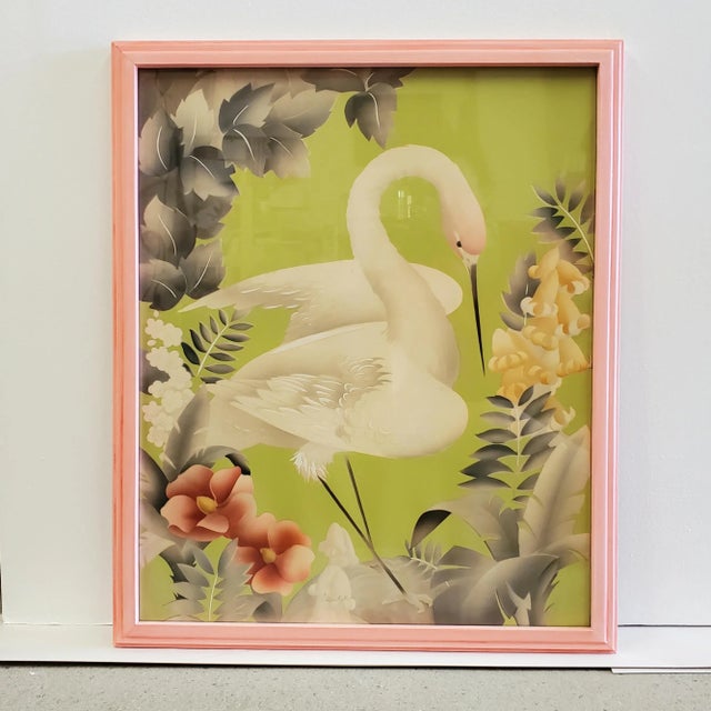 A beautiful pair of antique Bernard Picture Company Inc. prints from 1945. Cranes among plants and flowers in pale grey,...