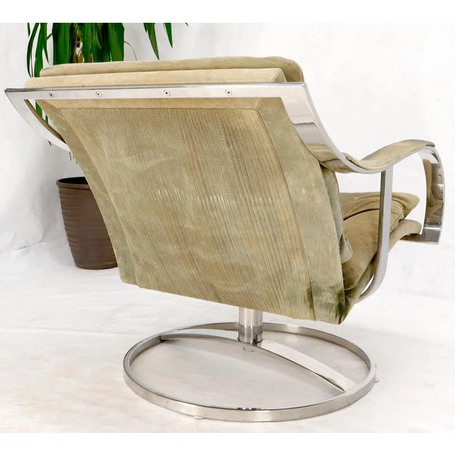 Heavy Gage Polished Stainless Steel Swivel Base Suede Upholstery Lounge Chair For Sale - Image 9 of 13