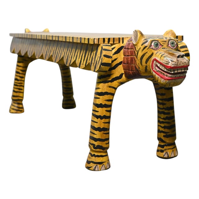 1990s Hand Carved Wooden Tiger Console Table: Tribal Folk Art Deco For Sale