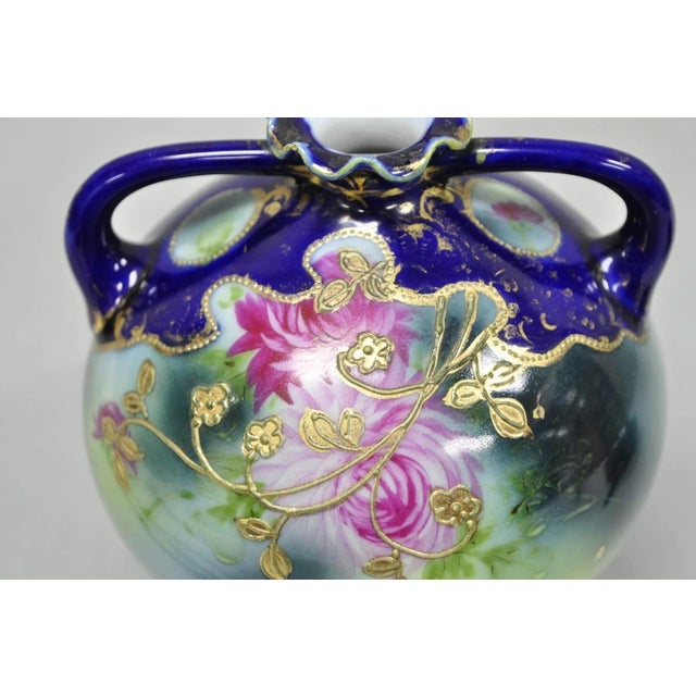 Vintage Victorian Blue Hand Painted Porcelain Floral Twin Handled Bulbous Vase For Sale - Image 10 of 14