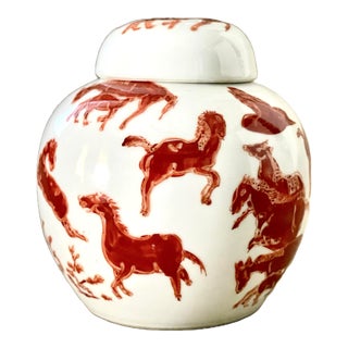 Vintage Ginger Jar Hand-Painted With Red-Orange Wild Horses For Sale
