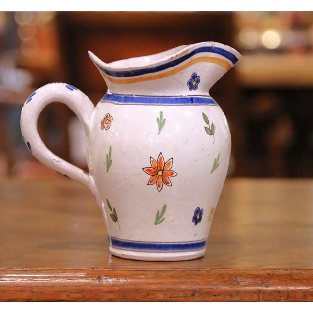 Pair of 19th Century French Quimper Faience Jugs With Breton Figures and Floral For Sale - Image 11 of 13