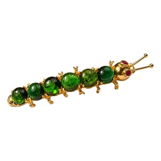 Late 20th Century 14K Yellow Gold Cabochon Peridot Caterpillar Brooch Pin For Sale