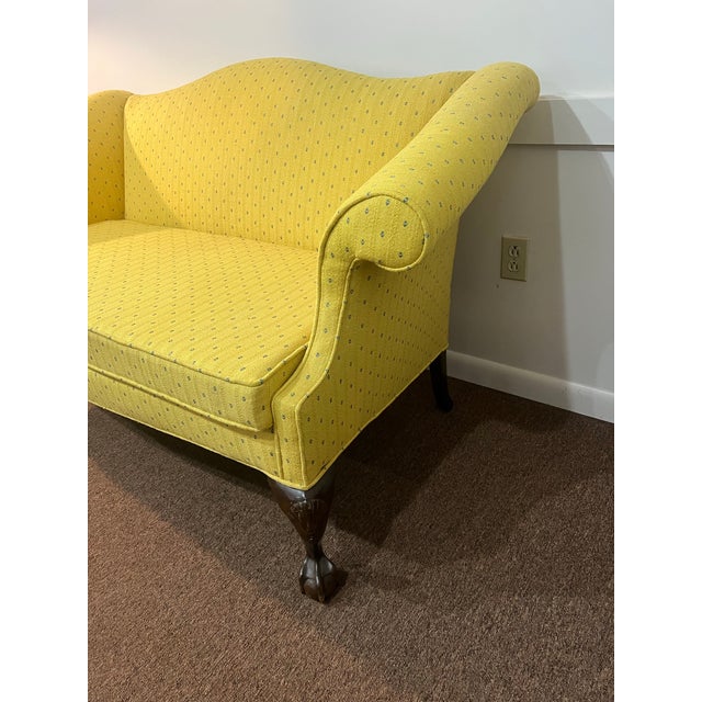 Early 20th Century Chippendale Style Camel Back Mahogany Footed Loveseat Sofa Newly Upholstered For Sale - Image 10 of 12