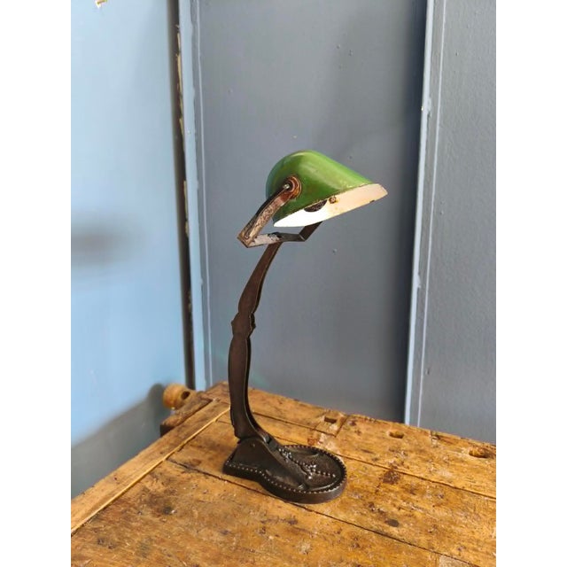 Bank Lamp with Cast Iron Base and Enameled Metal Shade, 1920s For Sale - Image 4 of 14