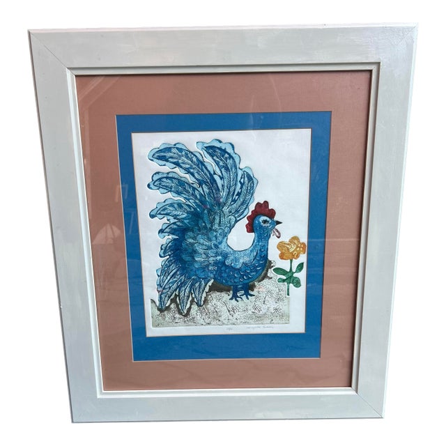 1970s Margarita Galetar 3d Paper Relief Etching "Gallo Azul" - Framed 31x27” For Sale