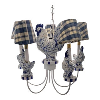 Vintage Chandelier Blue White Ceramic Rooster Chicken French Country Lighting For Sale