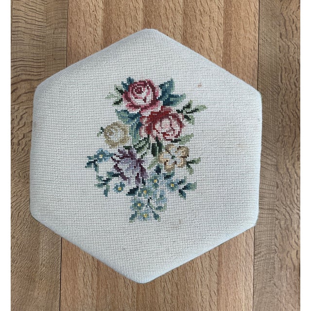Vintage Mid-Century Footstool With Floral Needlepoint Tapestry For Sale In Raleigh - Image 6 of 8