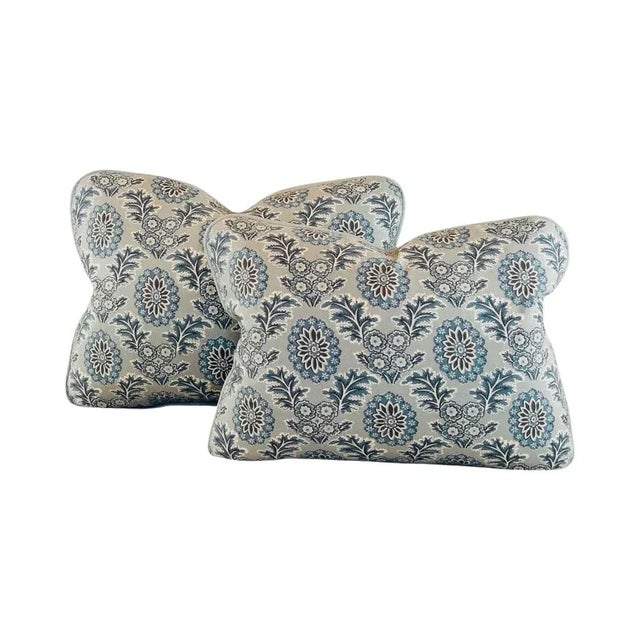 2020s French General Aqua Ciel Blue Cream Gray Boheme Floral French Country Pillow Covers- Pair For Sale - Image 5 of 6