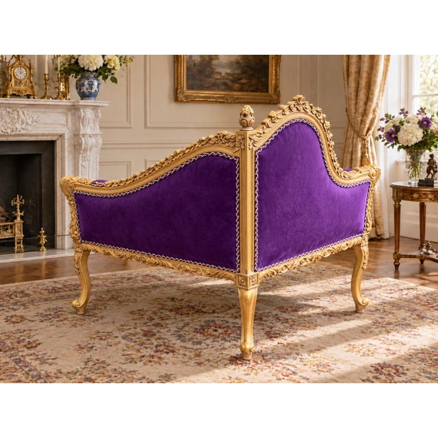 Late20C Artisan Louis XVI Gold Purple Beech Settee For Sale - Image 9 of 10