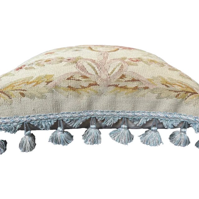 2000s Hand-Woven Wool Aubusson Weave Pillow With a Pink Flower Basket Design For Sale - Image 4 of 5