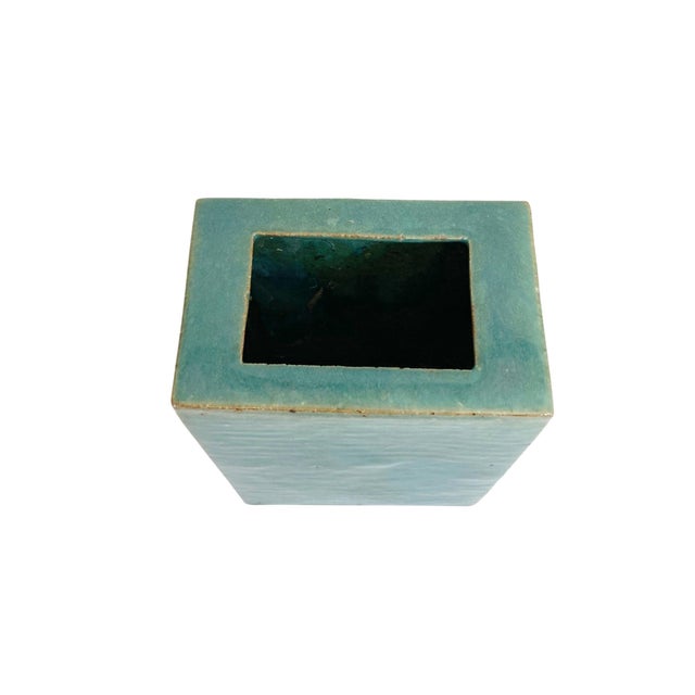 Antique 19th Century Chinese Export Porcelain Aqua Green Monochrome Glaze Pillow Form Flower Brick Block Vase For Sale In New York - Image 6 of 9
