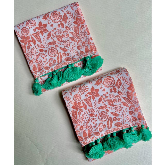Pair Unused White Cotton, Coral Floral, Teal Tasseled Hand Towels For Sale In New York - Image 6 of 17
