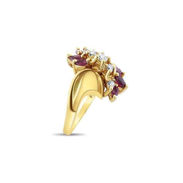 Contemporary Marquise Ruby & Diamond Vertical Cluster Ring 14k Yellow Gold, Size 6 For Sale - Image 3 of 4