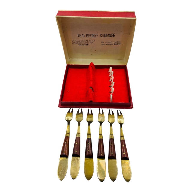 Vintage Thai Bronze Samakee Set of 6 Cocktail Forks in Original Box For Sale