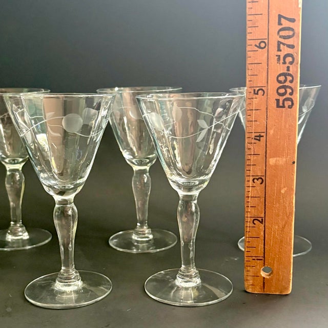 Vintage Etched Cordial Glasses – Set of 5 | Elegant Stemware With Floral Etched Design For Sale - Image 4 of 8