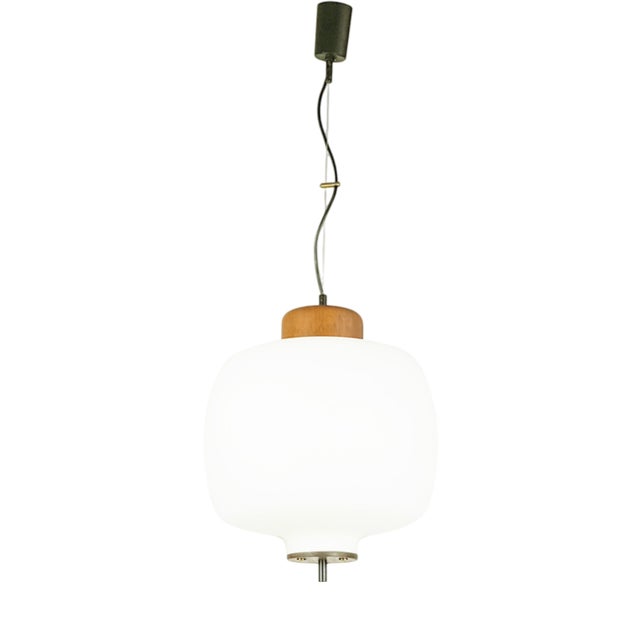 Opaline Glass, Brass and Teak Pendant Lamp in the style of Arredoluce, 1950s For Sale