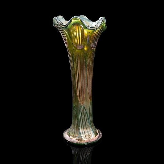 Green Circa 1930 Vintage English Carnival Glass Decorative Flower Vases - A Pair For Sale - Image 8 of 13