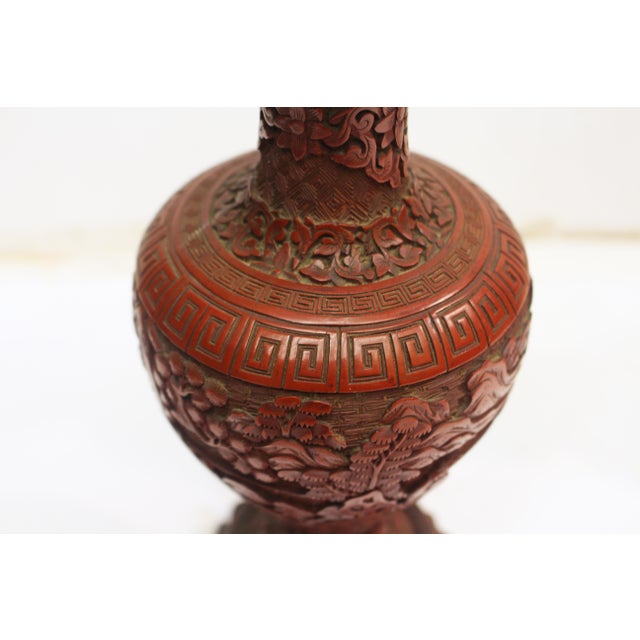 Wood 18th Century Pair of Chinese Qing Dynasty Cinnabar Vases Mounted as Lamps - Pair For Sale - Image 7 of 14