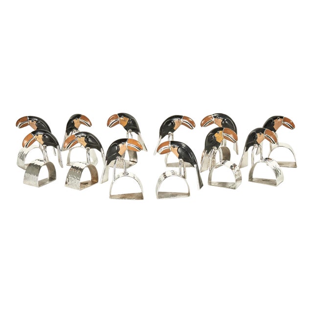 Set of Twelve Vintage Silver Plate Napkin Rings With Toucans by Emilia Castillo For Sale