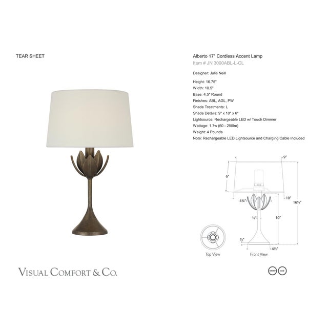 Julie Neill by Visual Comfort Signature Alberto 17" Cordless Accent Lamp in Antique Bronze Leaf with Linen Shade Designer:...
