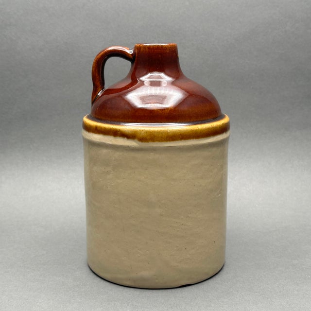 Farmhouse Vintage Rustic Two-Tone Brown/Tan Handled Stoneware Jug For Sale - Image 3 of 9