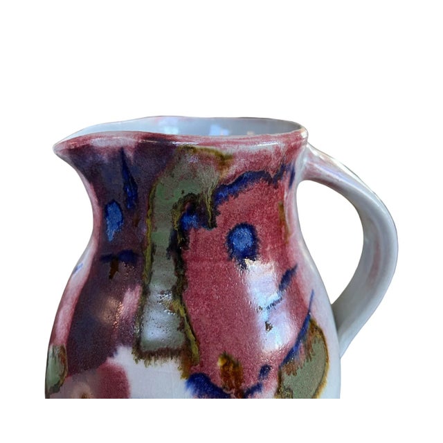 Pink Mid Century Modern Pitcher Carafe Vintage Ceramic Large Studio Pottery Drip Glaze Stoneware For Sale - Image 8 of 12